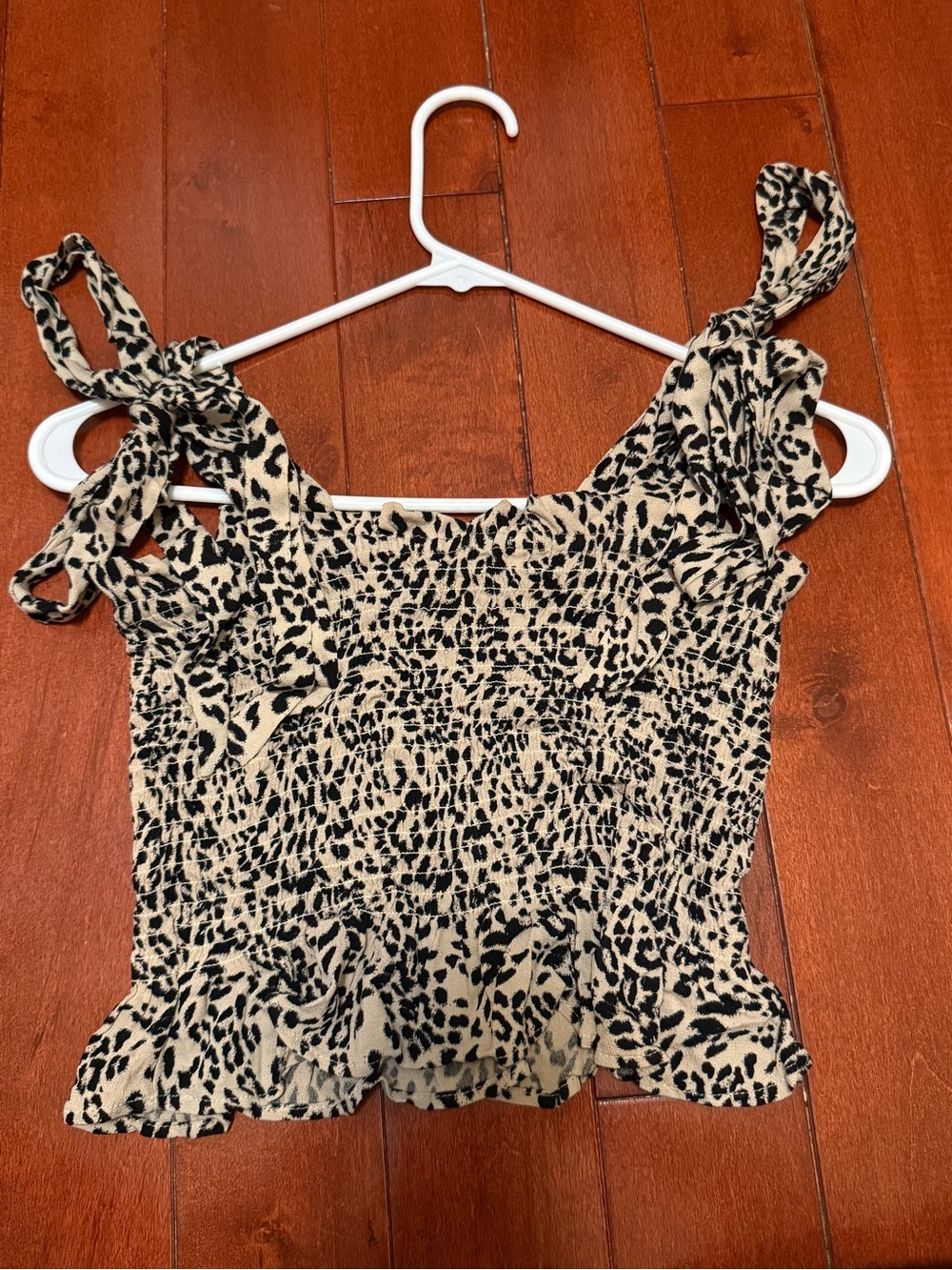 American Eagle Outfitters Black & Cream Smocked Tie-Shoulder Crop Top